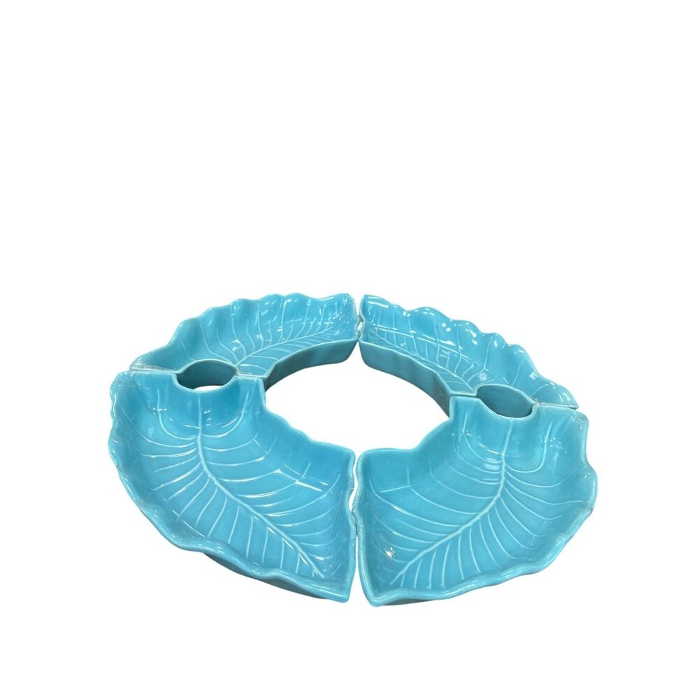 USA 1950's Vintage Turquoise Leaf Ceramic Serving Platter Set Of 4 SKU 9737